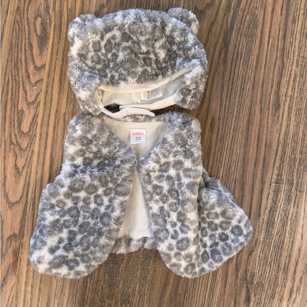 Gymboree Gray Leopard Print Kids Vest with matching hat size 6-12 mo